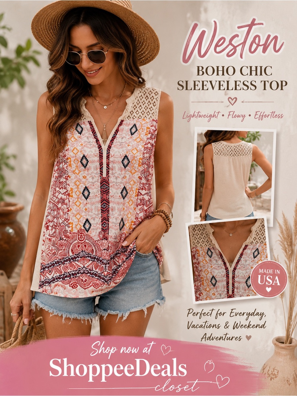 Weston Sleeveless Boho Crochet Lace Mixed Print Top – Women’s Medium